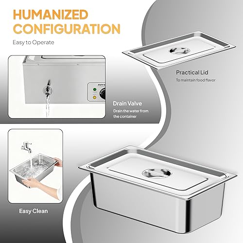 Miniatura 5 de ROVSUN Calentador eléctrico comercial de 21 cuartos de galón, mesa de vapor de acero inoxidable Bain Marie con control de temperatura y tapa para