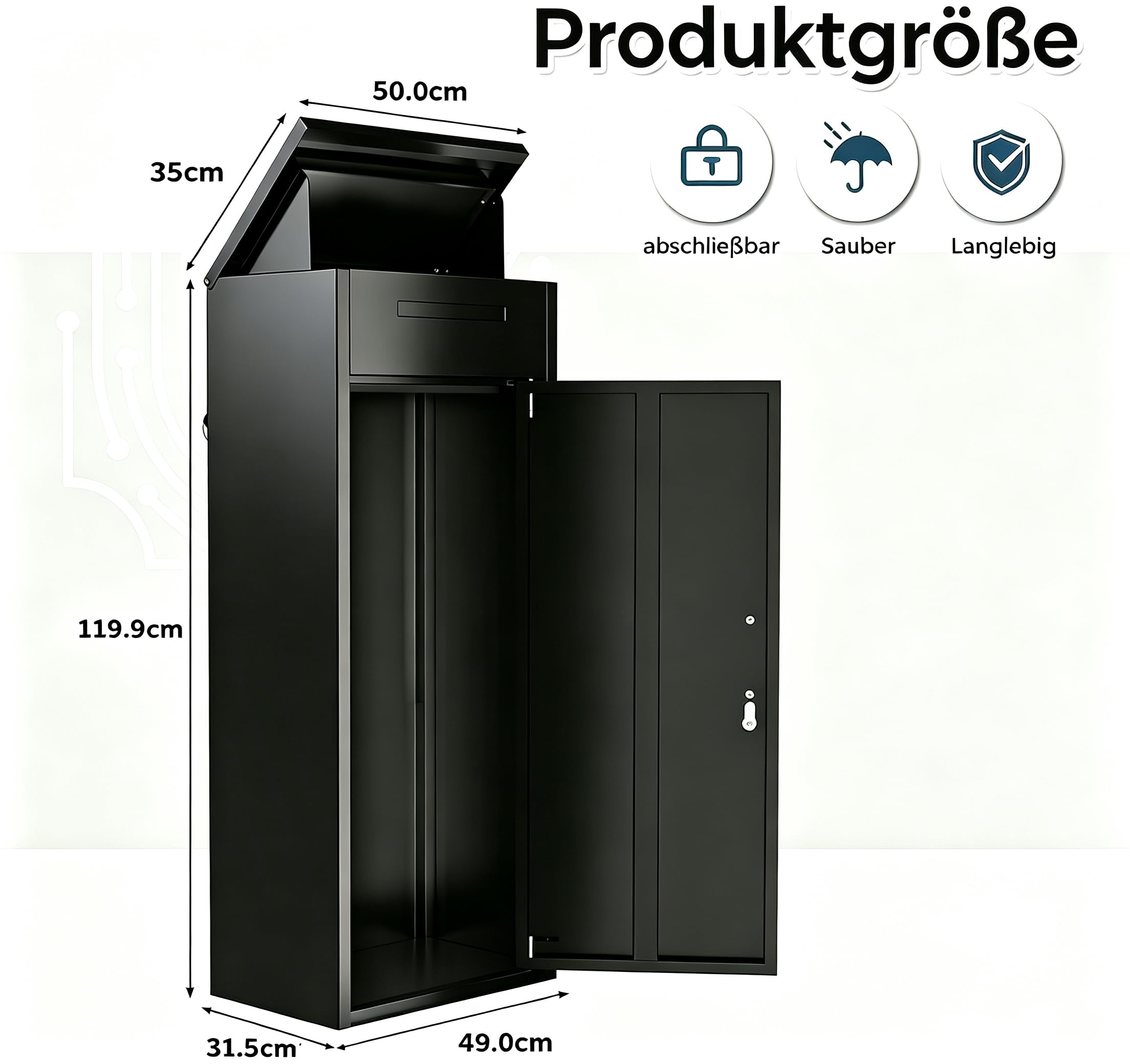 YODOLLA Paketbox Groß XXL Paketbriefkasten | 120x45x50cm, abschließbarer wetterbeständiger Full-Metal-Rahmen Paketkasten mit Klappdeckel für Veranda/Garten, Schwarz