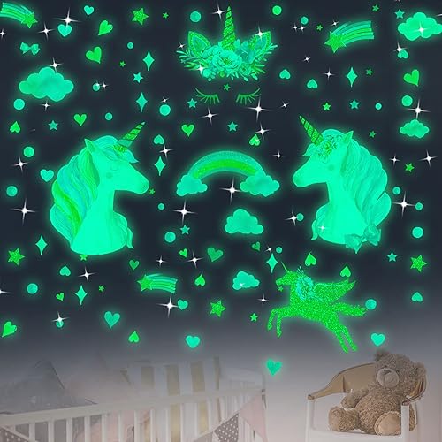 Calcomanías de pared con estrellas que brillan en la oscuridad, calcomanías murales de unicornio brillantes con flores de arco iris, corazón, nubes,