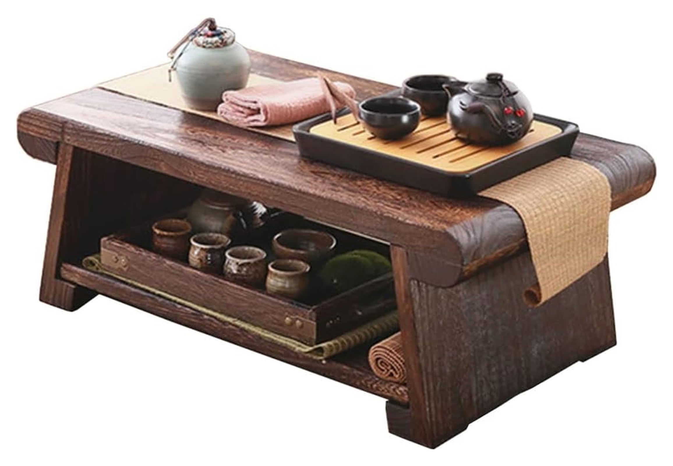 Table basse japonaise pliante gain de place avec double plateau de rangement