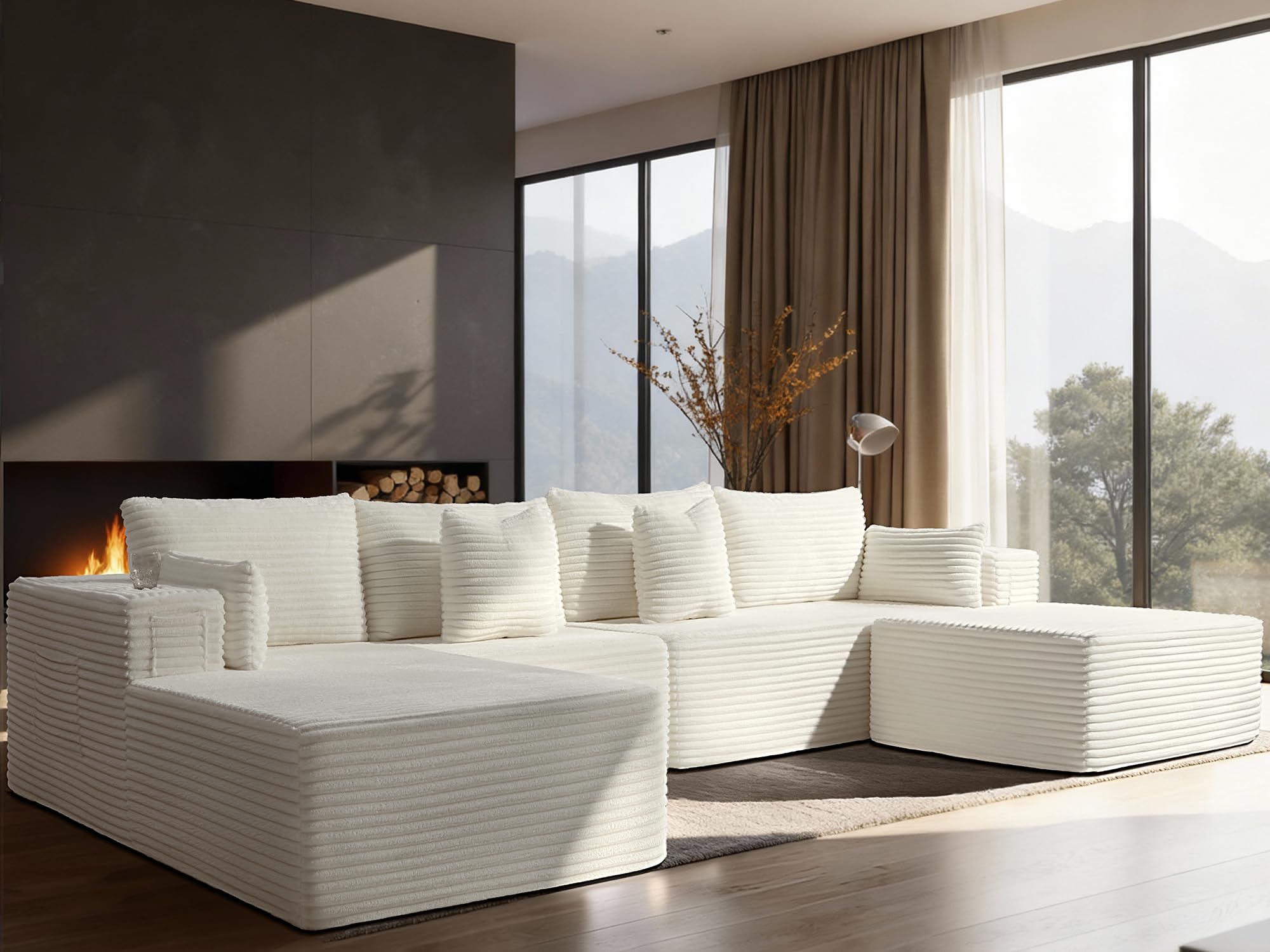 138" Cloud Sectional Couch, Comfort U Shaped Boneless Couch for Living Room, Extra Deep Seats No Assembly, Minimalist Modular Sofa, Corduroy (Cream, 3 Seater+Left Facing Chaise+Ottoman)