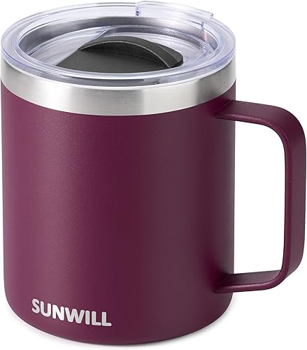 Vista 30 de SUNWILL Taza de café aislada con tapa, vaso de viaje con asa, taza de acero inoxidable de 14 onzas para campamento, oficina, hogar, recubrimiento