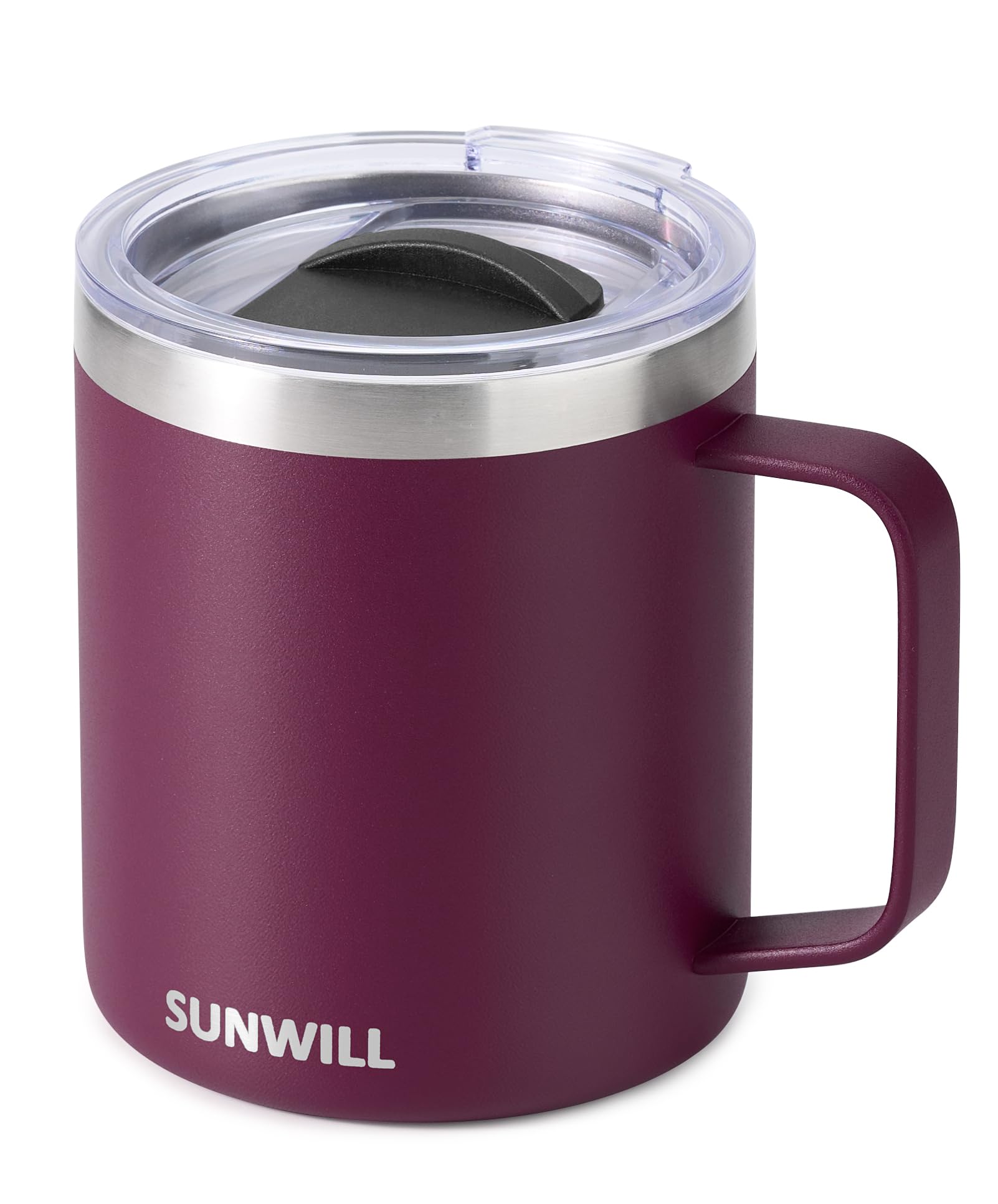 SUNWILL Travel Coffee Mug with Lid, Insulated Tumbler with Handle, 14 oz Stainless Steel Cup for Camping, Office, Home, Powder Coated Plum