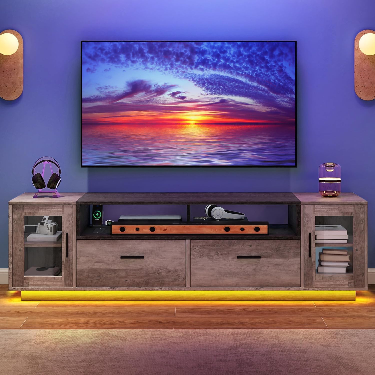 YITAHOME TV Stands for Living Room, Farmhouse TV Stand for 65/70 inch TV, LED TV Entertainment Center with Storage & Power Outlets, TV Console Cabinet, Rustic Grey