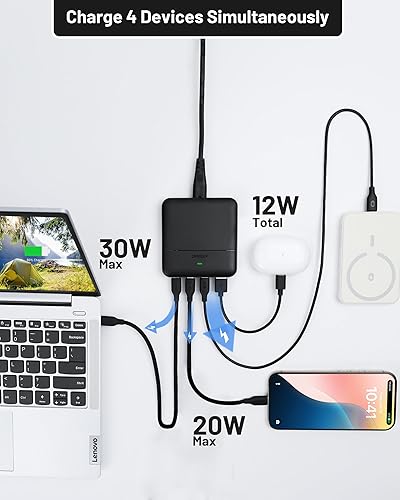 Miniatura 7 de Cargador USB C de 67 W con cable Lightning de iPhone certificado MFi de Apple, 6 pies, verde lima, cargador de pared rápido GaN de 4 puertos,