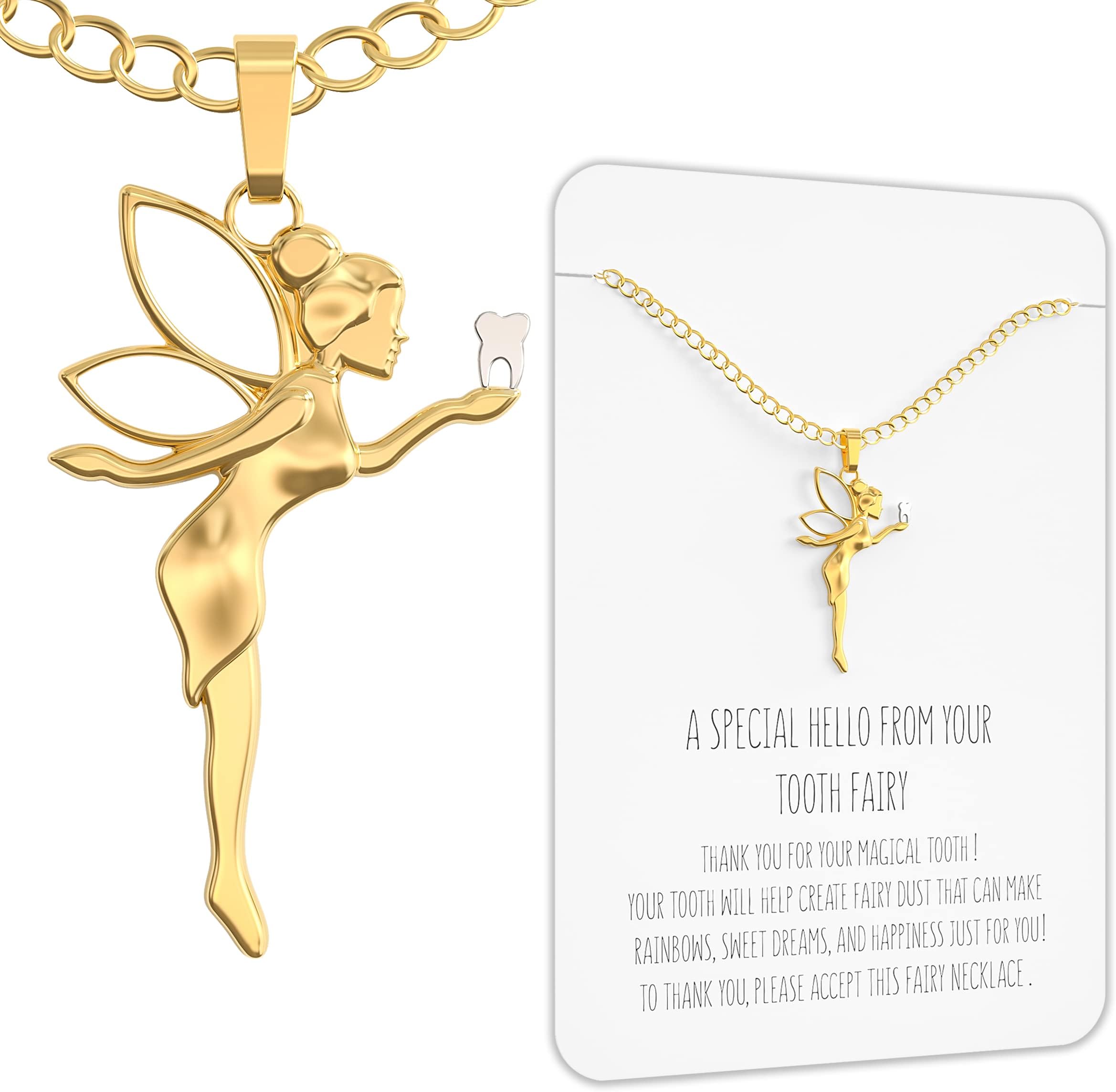 Happy Kisses Tooth Fairy Gift Necklace For Girls 5-7 With Card From Tooth Fairy - Add to Gifts Box or Kit for Under Pillow