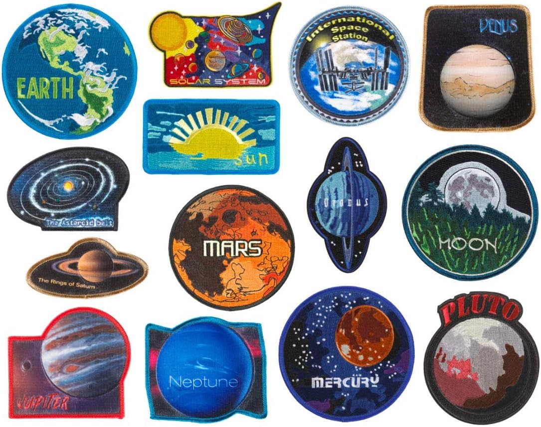Explorer Outer Space Solar System Embroidered Sew-on or Iron-on Patches Collection by Spartan & the Green Egg - Set of 14 Patches - Includes Planets, International Space Station