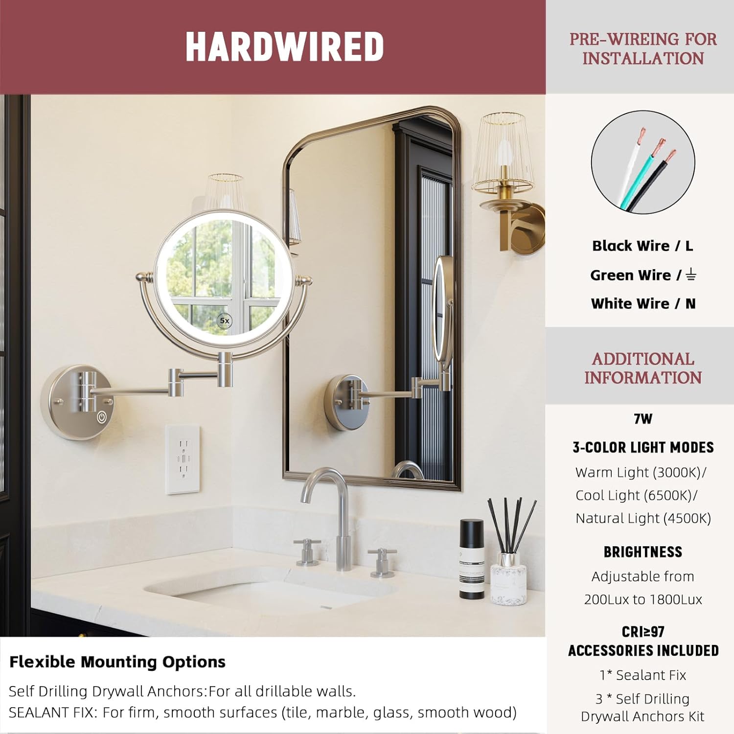 Hardwired Wall Mount Magnifying Mirror with Light, 1X/5X Double Sided 3-Colors LED Lighting Touch Dimming Extended Arm 360 Rotation Ergonomically Makeup Mirror for Bathroom, Brushed Nickel