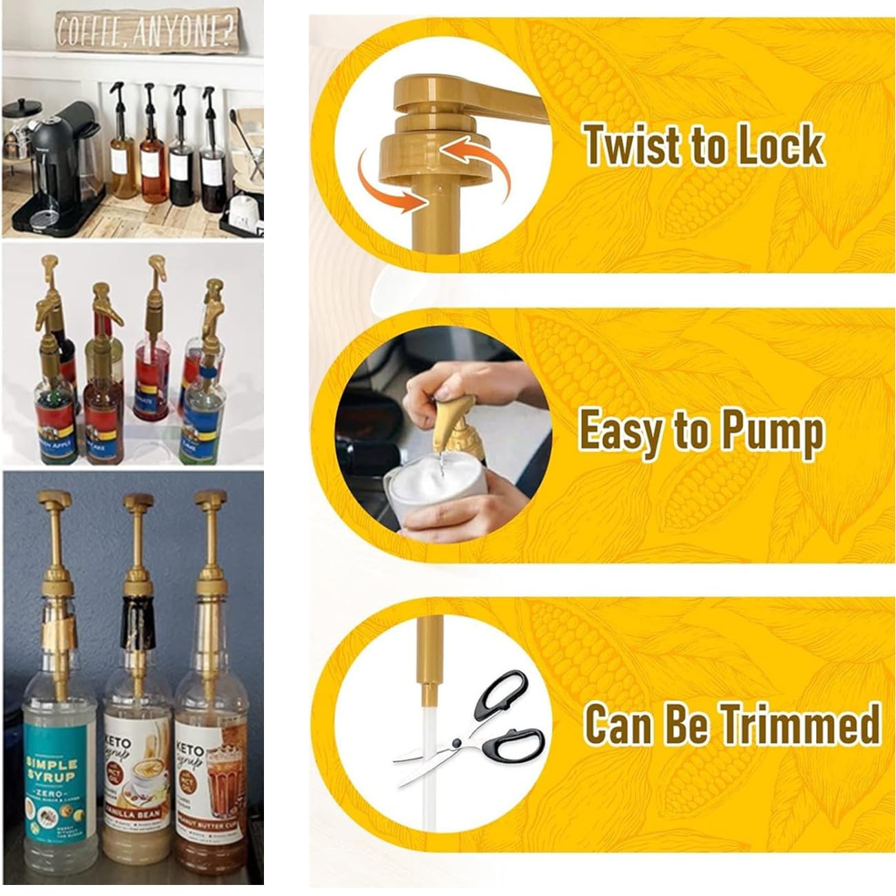 Lot de 4 pompes à sirop de café réutilisables et universelles pour bouteilles de 750 ml/1 litre | Compatible avec Monin, Torani, Da Vinci | Distributeur de sirop durable pour la maison, les cafés, les