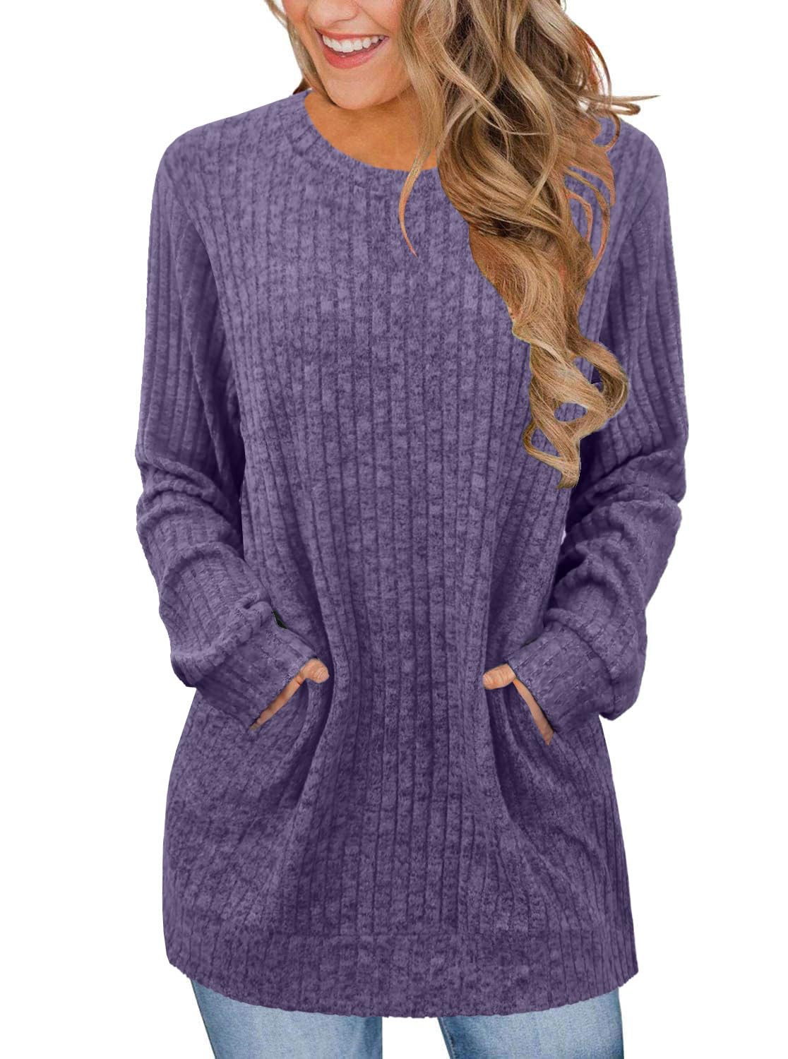 JomeDesign Sweaters for Women Dressy Casual Long Sleeve Shirts Crewneck Fall Outfits with Pocket Tunic Tops