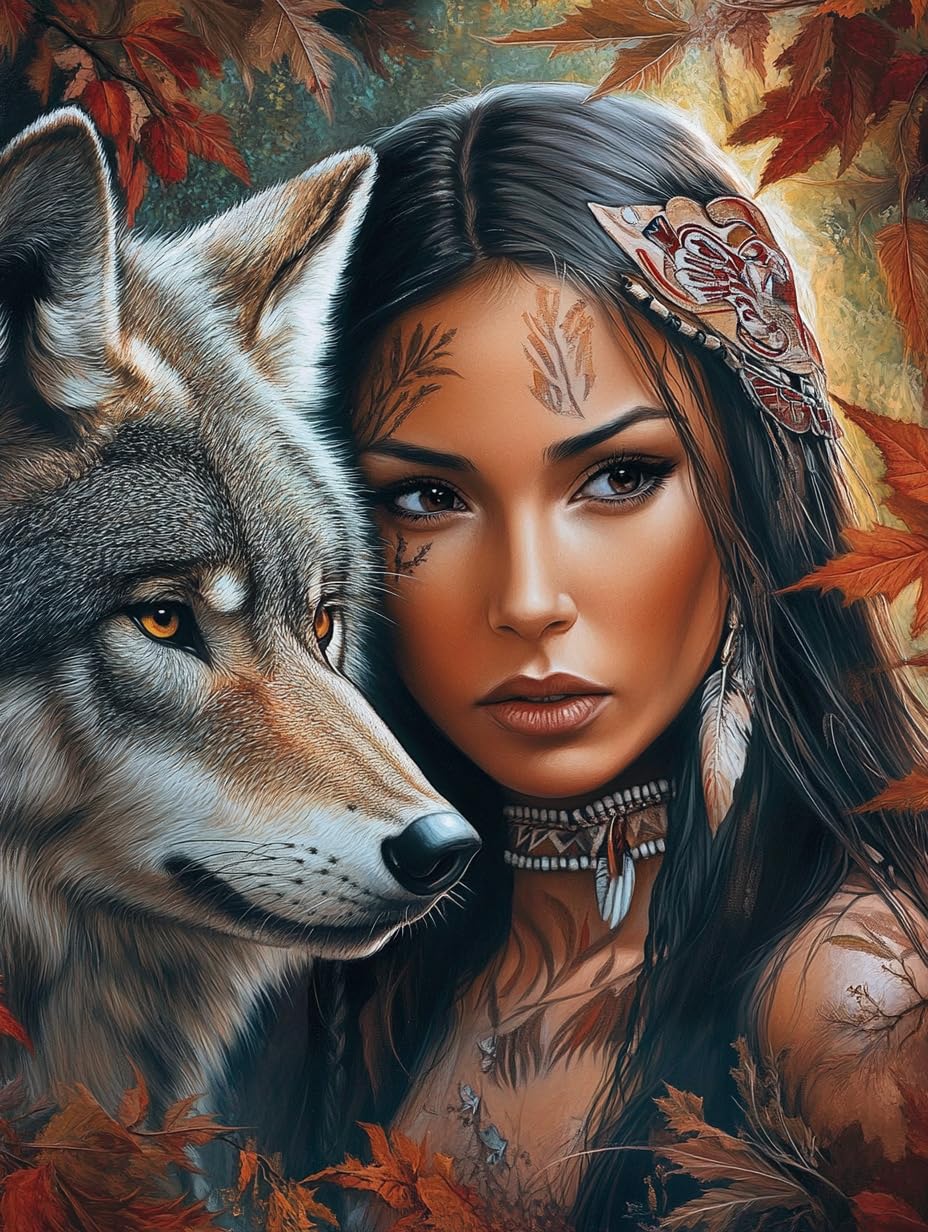 5D American Native Indian Woman and Wolf Diamond Art 12x16 Inch Full Drill Diamond Painting Kits for Adults & Beginners - DIY Art Crafts for Relaxation and Home Wall Decor 311
