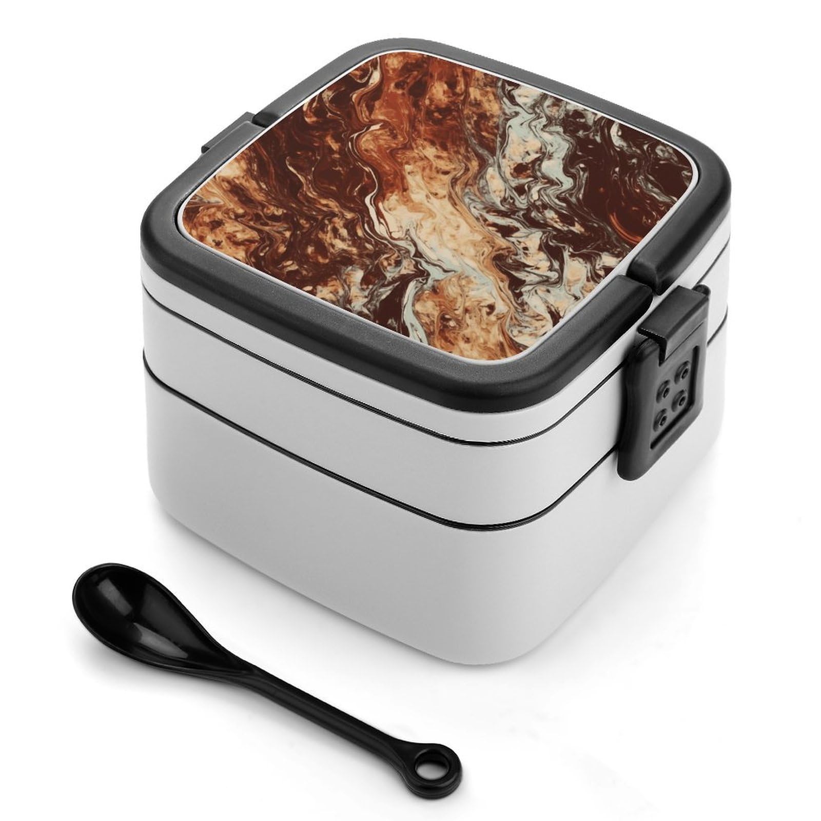 VstaDank Marble Mixed Brown Bento Box with Compartments Portable Lunch Containers with Spoon Leak Proof Bento Lunch Box Snap-On Design Double-Layer Insulated Lunch Boxes for Work Camping