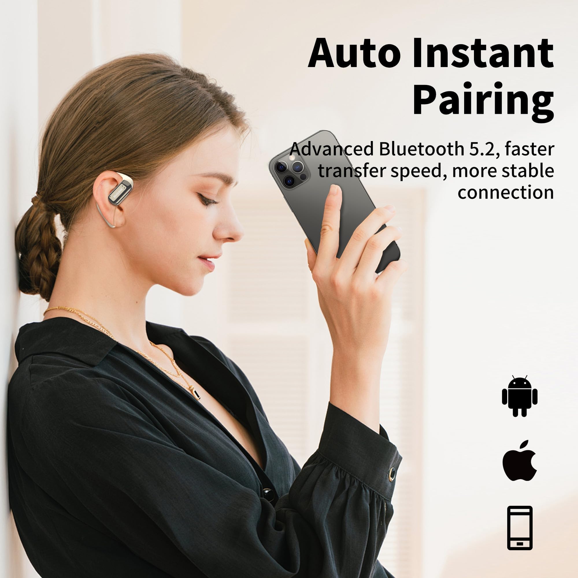 BUGANI Open Ear Earbuds, 5.2 Wireless Earbuds Noise Cancelling, Immersive Stereo Sound, Fast Charging, Bluetooth Headphone for Running, 32h Playtime and Waterproof Black - 4