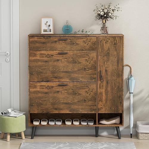 Vista 6 de Zapatero con 3 cajones abatibles y armario lateral y estantes ajustables, zapatero oculto de entrada estrecha con puertas, organizador de pasillo