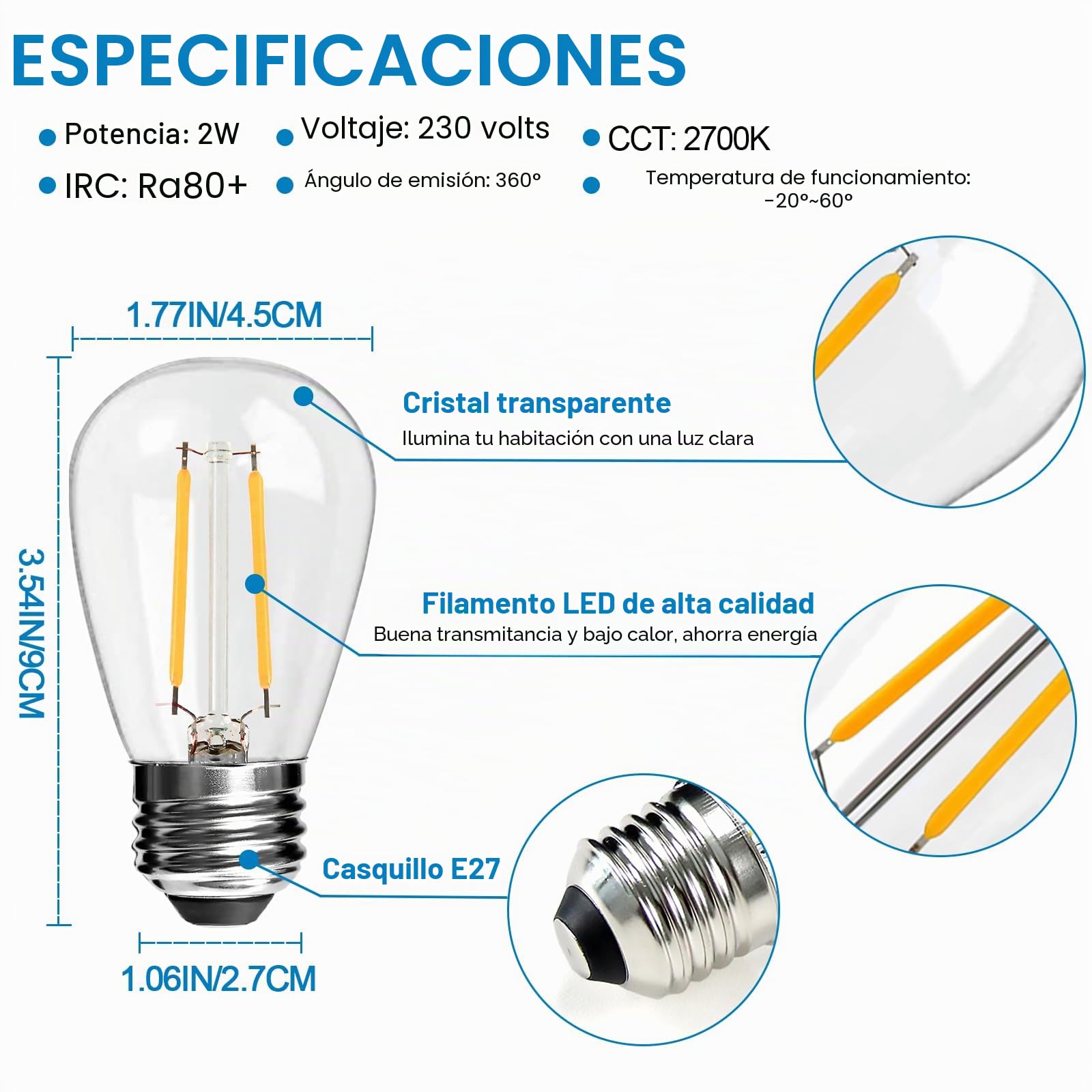 Bombillas LED S14 de 2W, 2700K luz blanca cálida, Paquete de 25 | Base E27, bombillas LED Edison para luces de cadena, no regulables, 2W equivalente a una bombilla incandescente de 20W