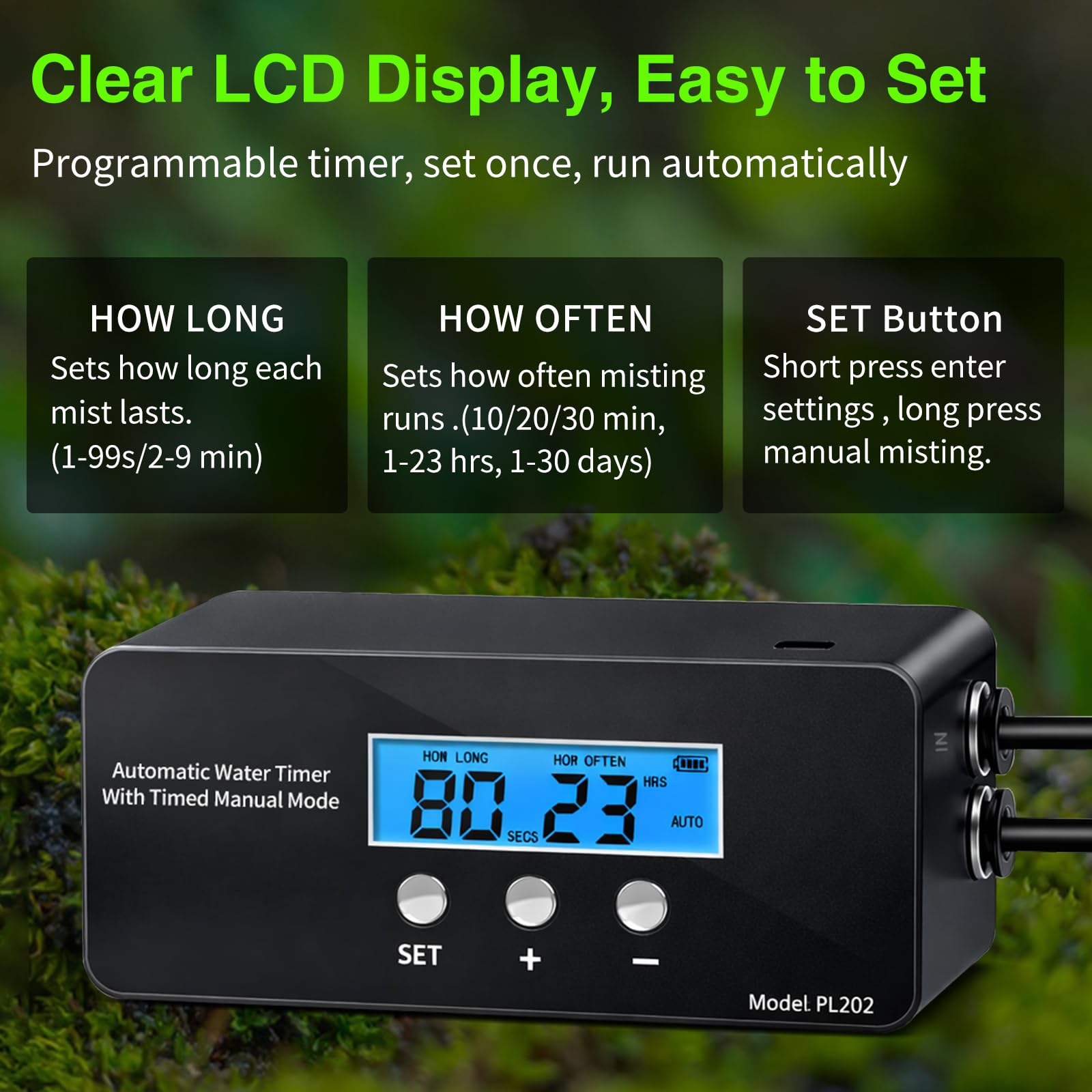 Sistema di nebulizzazione per rettili, nebulizzatore automatico con timer con controller LCD, pompa autoadescante, spray per foresta pluviale fine per terrario, camaleonte, geco e serpente