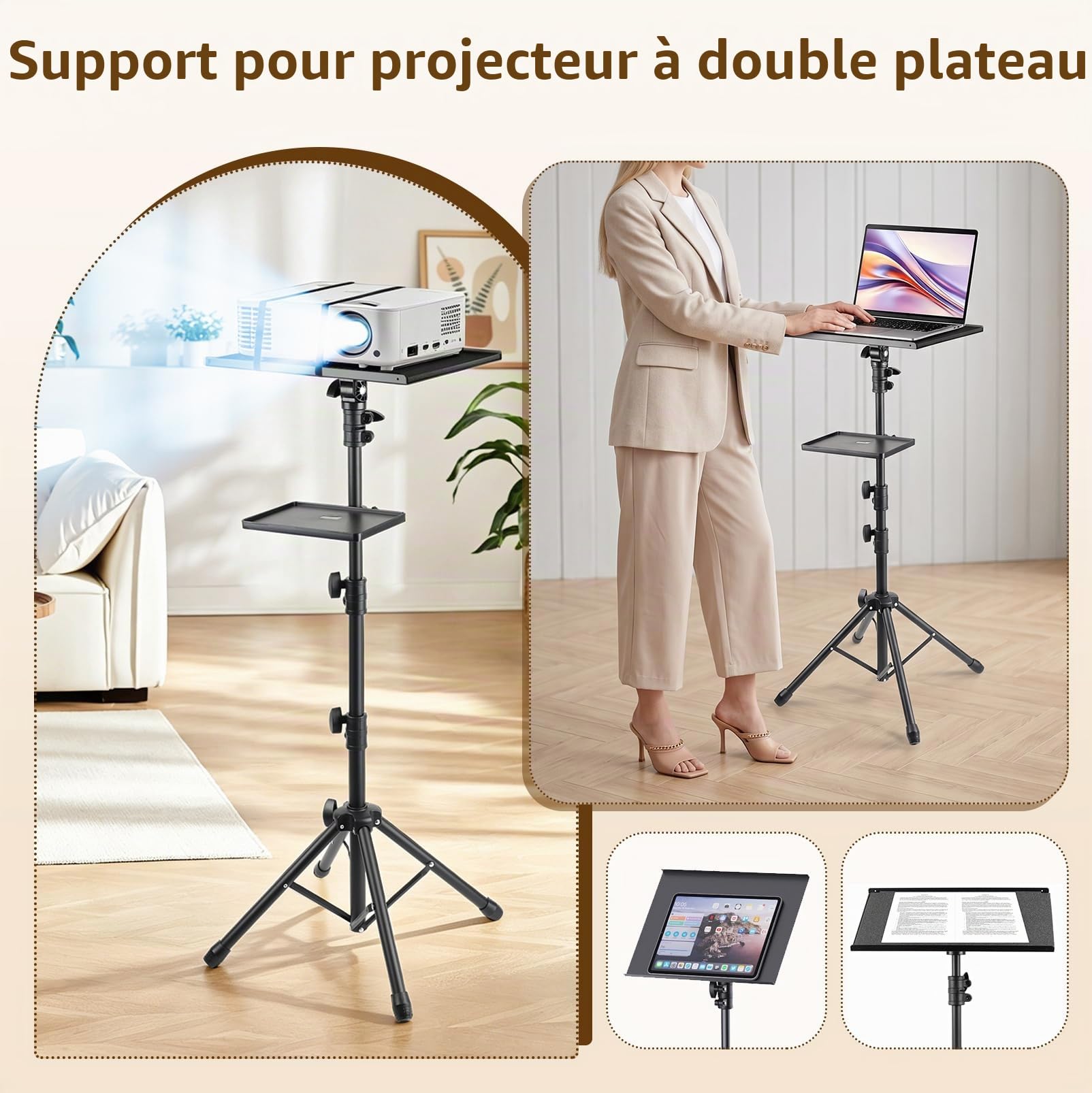 Support Vidéoprojecteur Double Plateau Réglable 70-135 cm 10 kg Charge
