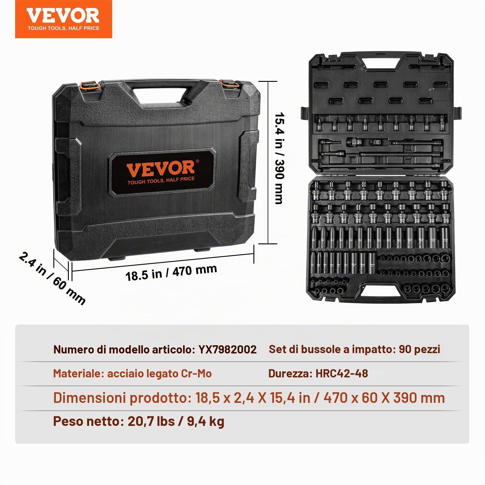 VEVOR Set di Bussole a Impatto 3/8" Set di 90 Bussole 6-19 mm per Avvitatore a Percussione in Acciaio Legato Cr-Mo, Set Chiavi a Bussole Durezza HRC 42-48 Accessori in Valigetta per Riparazione Auto
