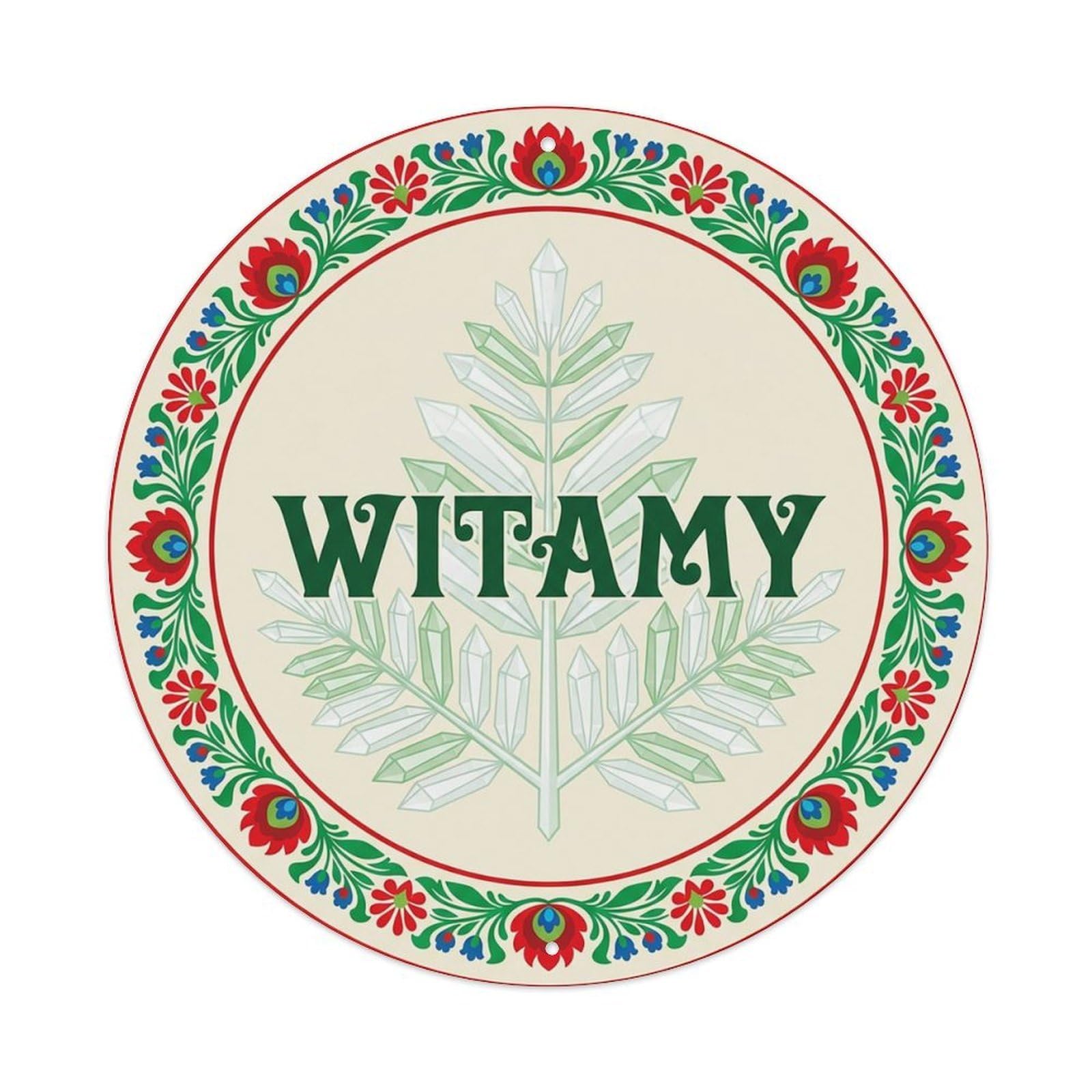 Vintage Polish Folk Art Witamy Welcome Crystal Fern Metal Tin Sign