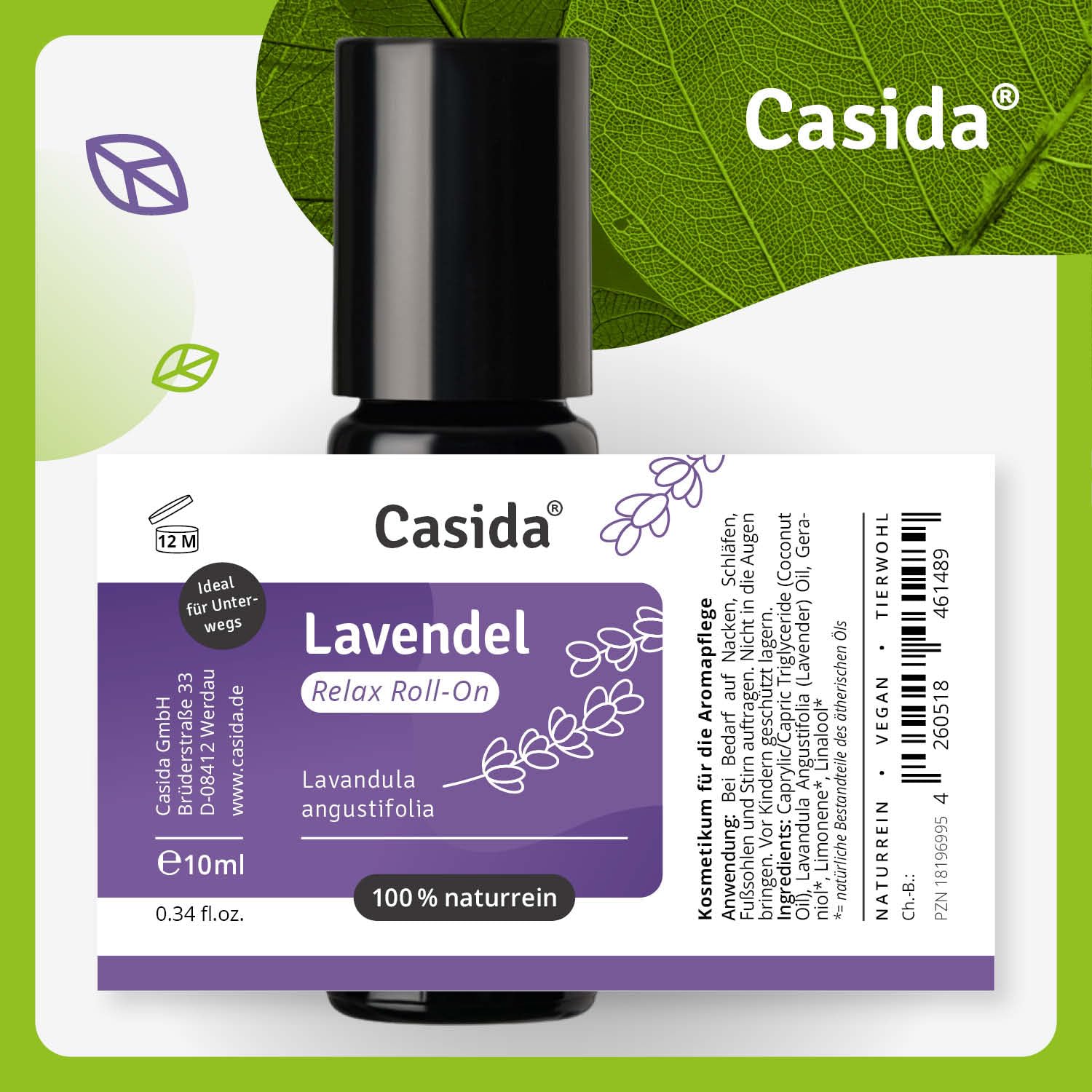Casida® Roll-On de lavanda - roll-on para un ambiente armonioso y relajado - aceite perfumado, aceite esencial para aromaterapia, ideal para llevar siempre contigo - calidad de farmacias - 10 ml