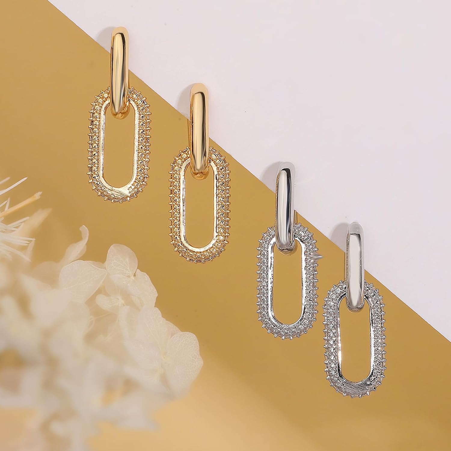 Gold Paperclip Link Huggie Earrings for Women Trendy Double Hoop Earrings Two Tone Rectangle Link Chain Drop Dangle Earrings Jewelry - Image 6