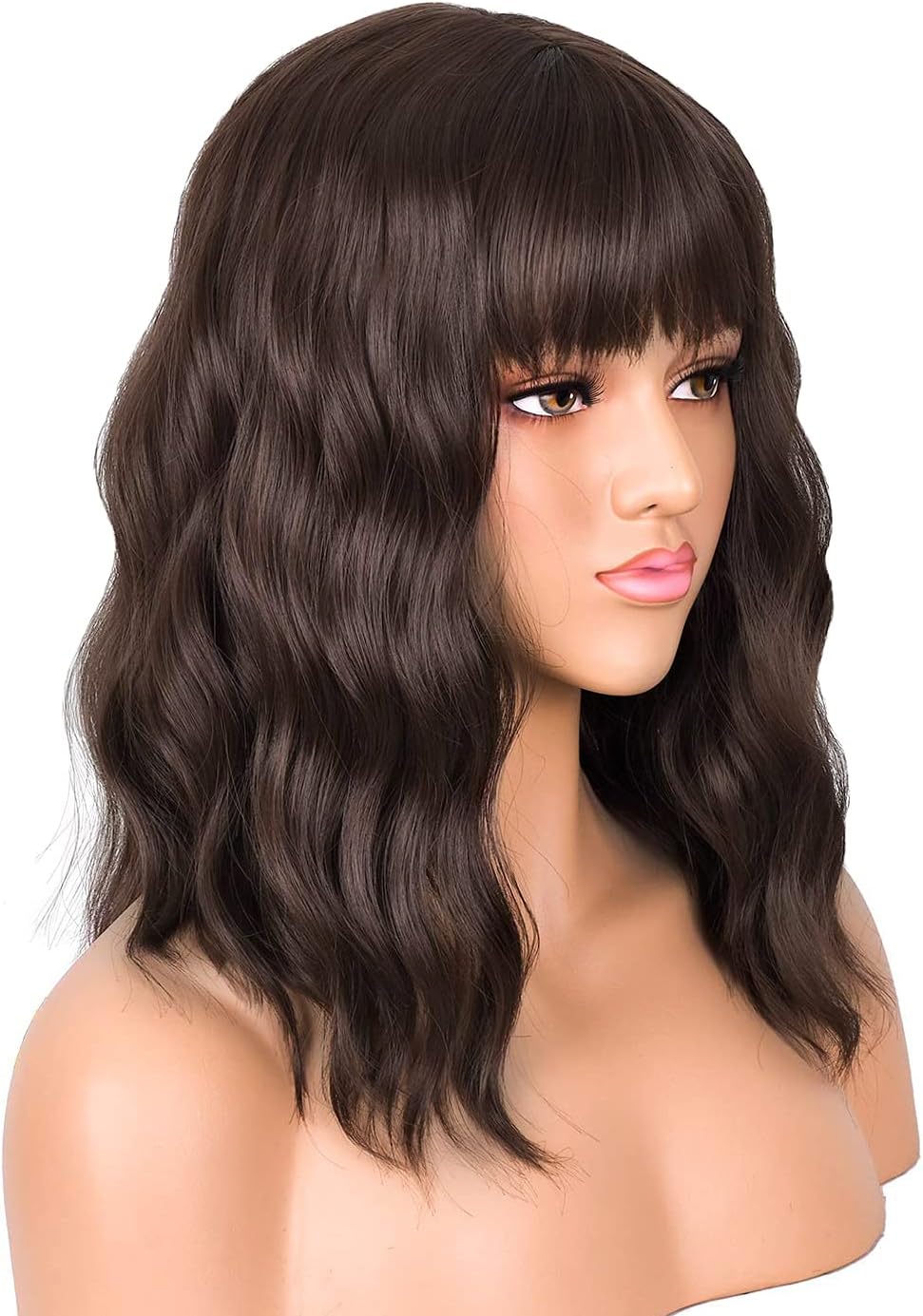 Colorfulpanda Short Wavy Curly Dark Brown Bob Wigs with Fringe Synthetic Hair Wigs for Women Halloween Cosplay Party or Daily Wear - Image 5