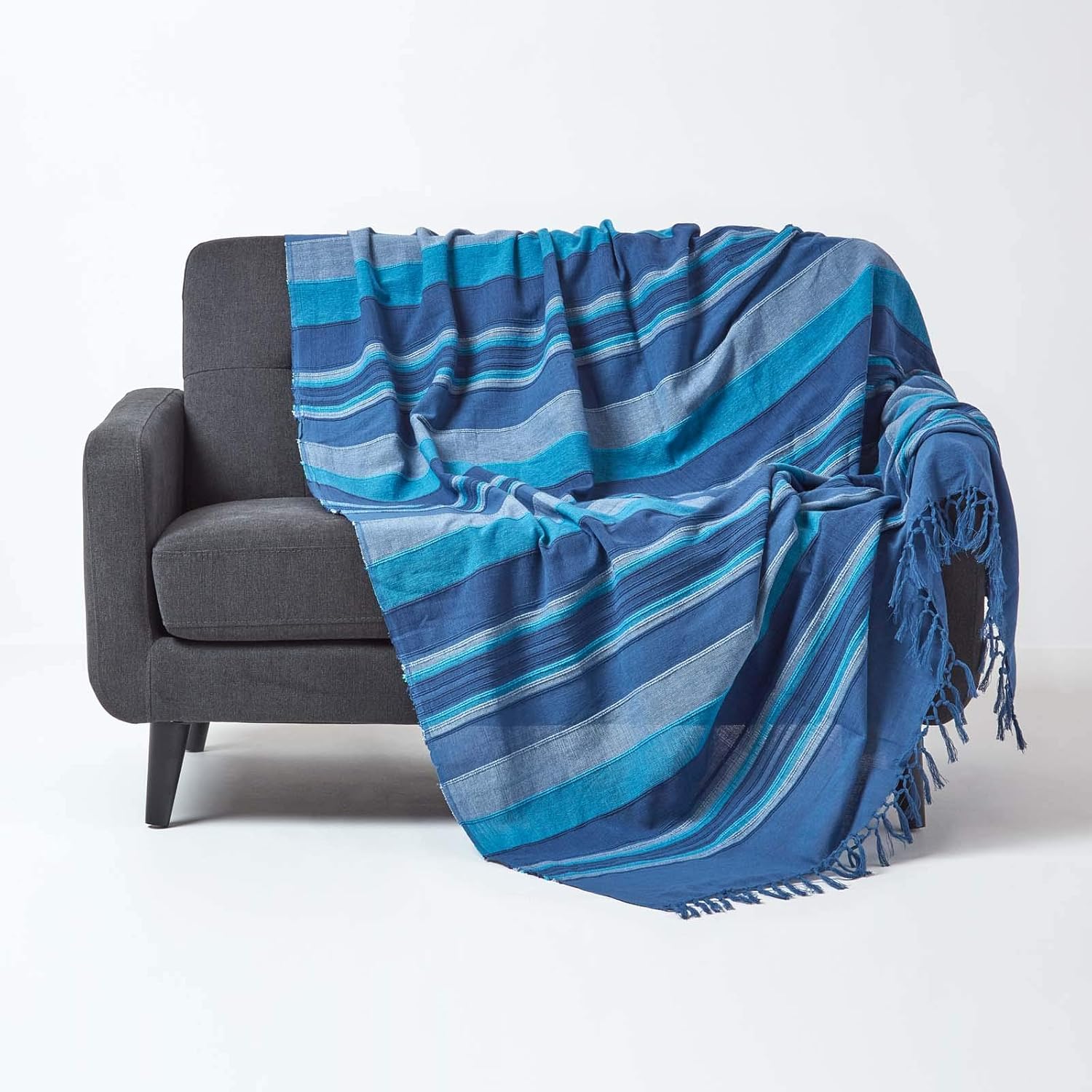 HOMESCAPES Blue Throw “Morocco” Cotton Textured Stripe Throw 150 x 200