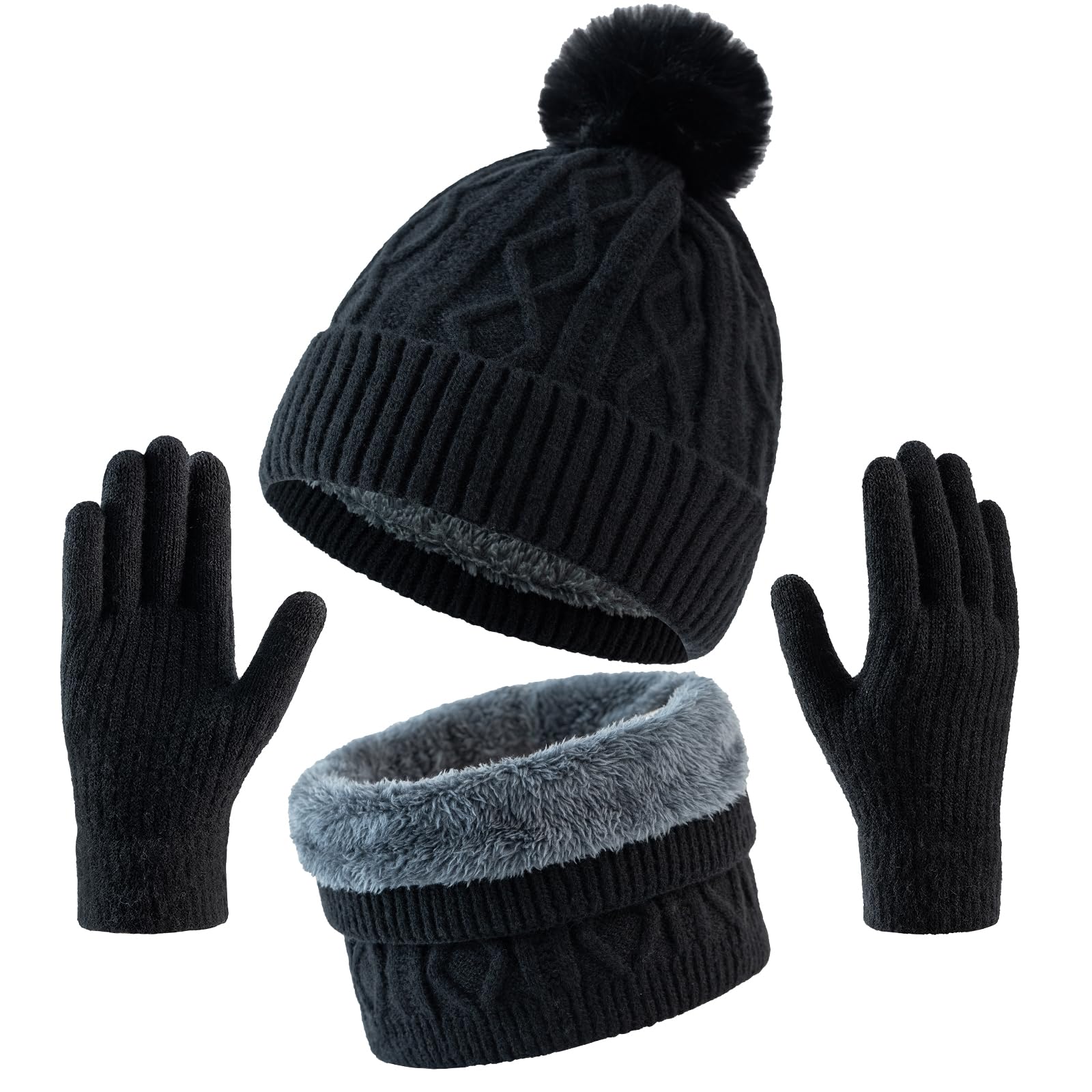 Winter Gloves Scarf Beanie for Women Men Set, Gloves for Women with Touchscreen Fingers, Beanies Neck Warmer Set-image-3