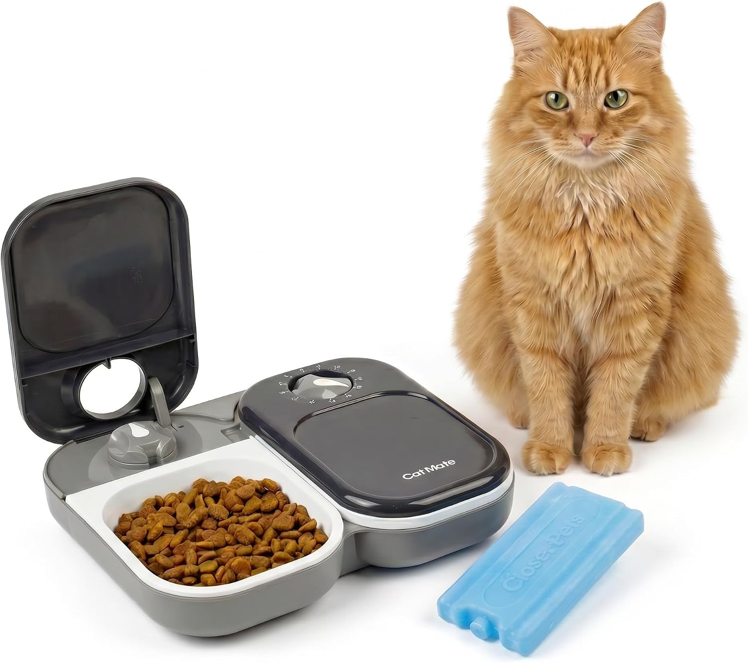 Cat Mate C200 Automatic 2 Meal Timer-Controlled Pet Feeder with Anthracite Grey Lids (401) – For Cats and Small Dogs, Includes Ice Pack for Wet and Dry Food, Meals up to 400 g Each