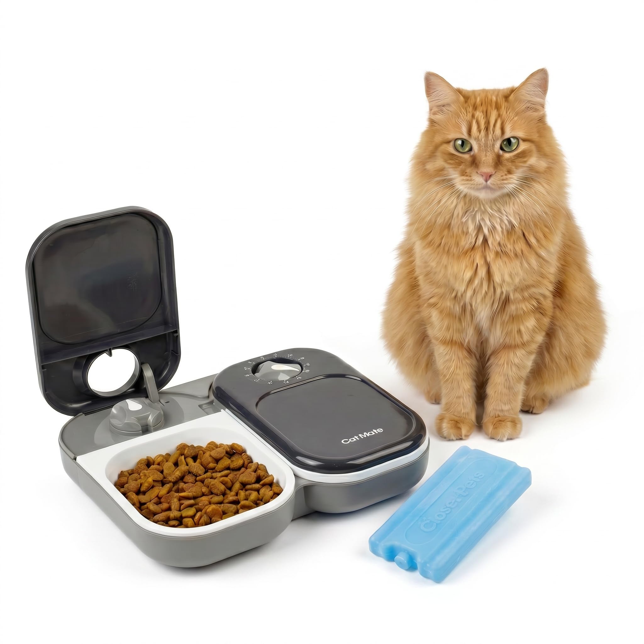 Cat Mate C200 Automatic 2 Meal Timer-Controlled Pet Feeder with Anthracite Grey Lids (401) - For Cats and Small Dogs, Includes Ice Pack for Wet and Dry Food, Meals up to 400 g Each