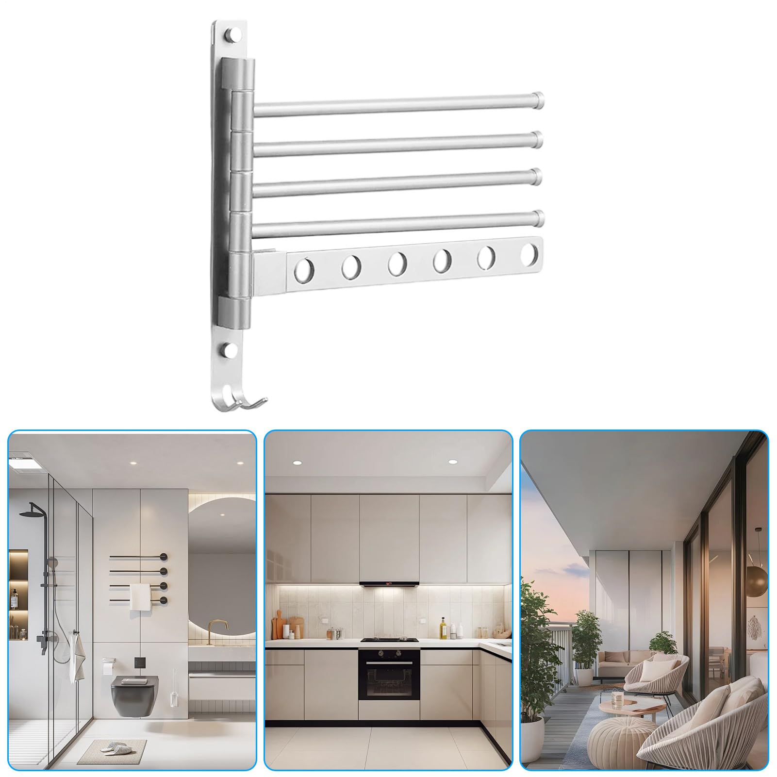 Portasciugamani da parete in acciaio , gancio, bracci pieghevoli, organizer | Portasciugamani multiplo girevole a 4 bracci, bagno, cucina, doccia, lavanderia, appartamento, balcone, palestra, soggiorno,