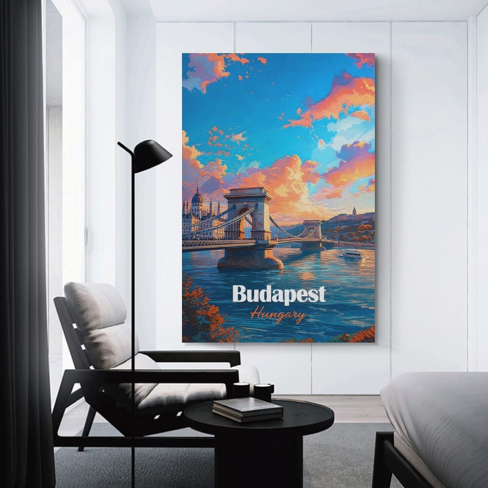 Junmoney Budapest Hungary Chain Bridge Sunset Wall Art Print 24x36inch(60x90cm), for Hallway, Entryway Or Landing, A Neat Decor Update for Hallways, for Everyday Interiors