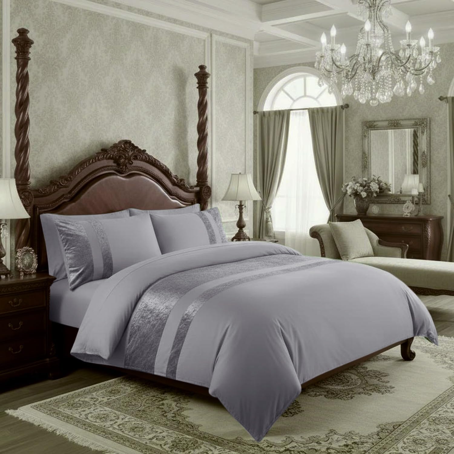 Casabella Silver Luxury Crushed Velvet Panel Band Duvet Cover Sets With Pillow Case Single Duvet Cover Bedding Set – Crush Velvet Single Duvet Cover Sets
