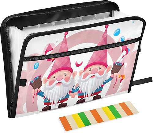 Carpeta expandible con dos elfos duendes enanos sobre un fondo rosa con etiquetas adhesivas, 13 bolsillos, carpeta de acordeón, organizador de