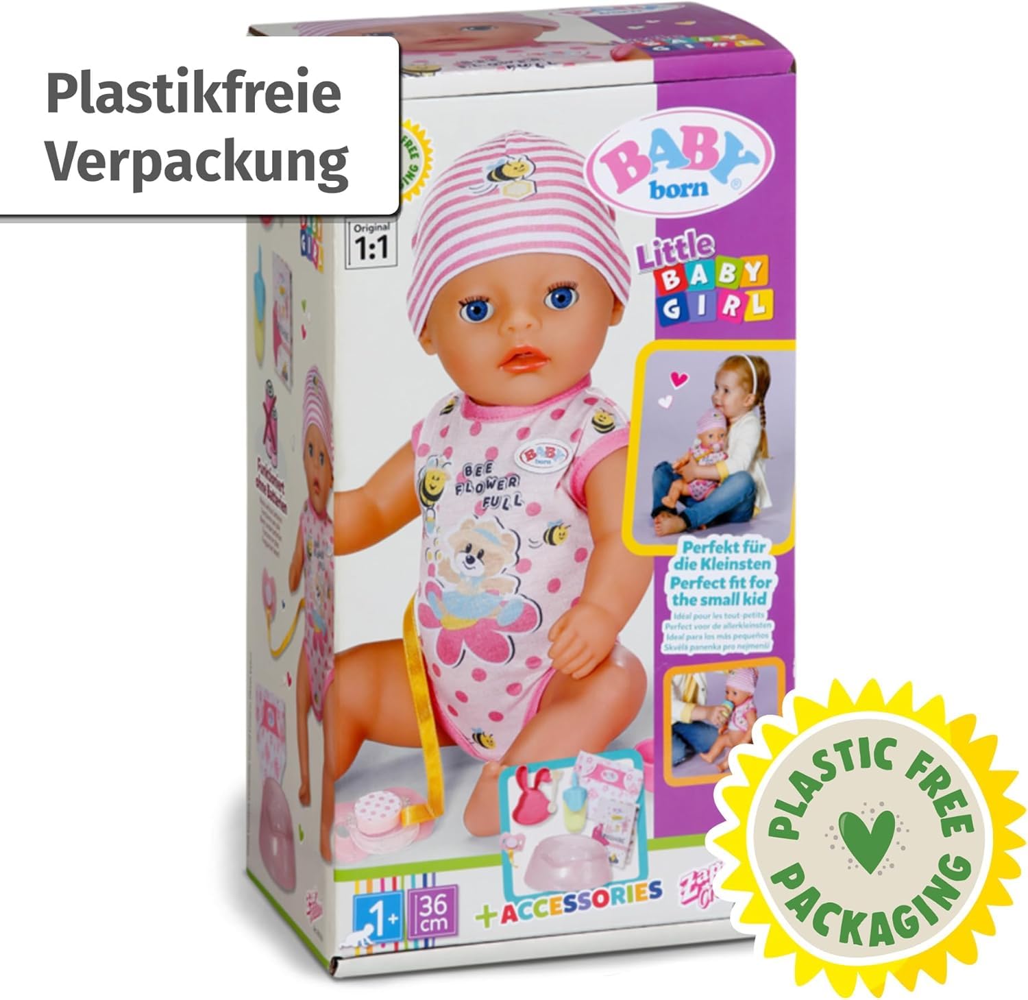 BABY Born Lena (Little Baby Girl) - 36 cm große Babypuppe - 7 Funktionen inkl. Accessoires & Strampler - Funktioniert komplett ohne Batterien - Geeignet für Kleinkinder ab 1 Jahr