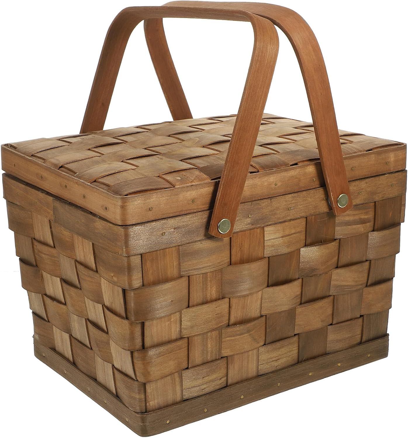Happyyami Woven Wooden Picnic Basket with Lid and Handles, Multipurpose Outdoor Storage Basket for Garden, Home Decor, and Vegetable Gathering, Dark Color