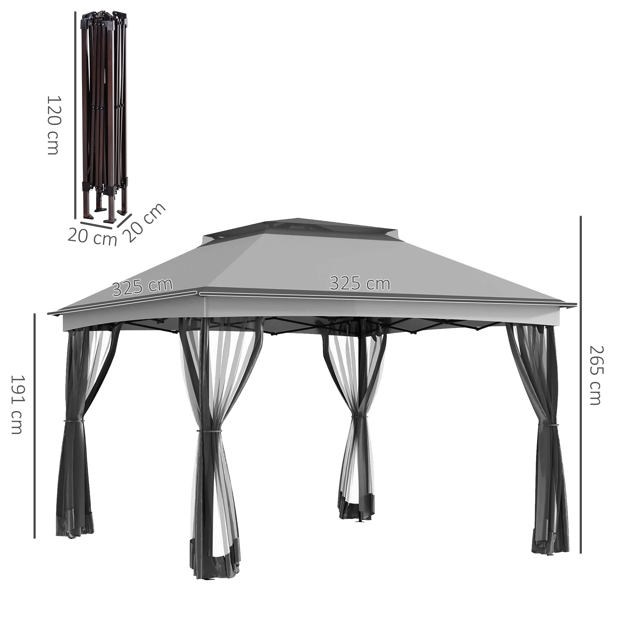 Outsunny Tonnelle de Jardin Exterieur Pop-up barum Pliant, 3 x 3 m, Métal Polyester, imperméabilisé Anti UV, moustiquaires + Sac de Transport, Gris