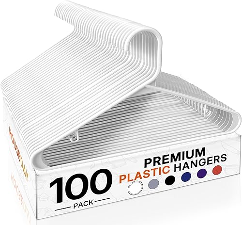 HOUSE DAY Paquete de 100 perchas de plástico blanco, perchas de plástico con ganchos integrados, perchas duraderas y fuertes para armario, perchas