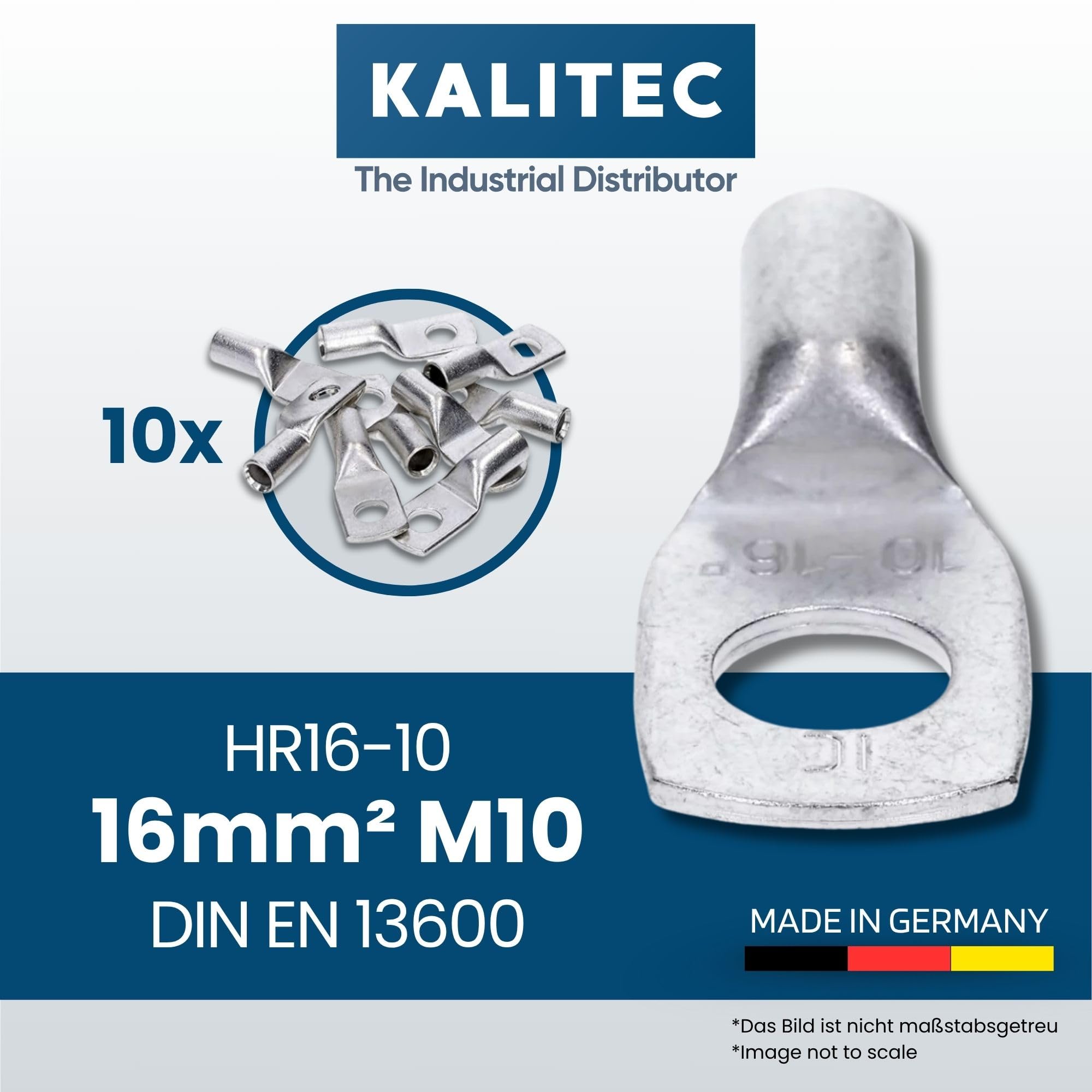Kalitec 10x Terminales de Cable Tubular 16 mm² M10, Conector de Cobre | Terminales de compresión galvanizados para instalaciones eléctricas en coche, sistemas solares y hogar, sin orificio visual