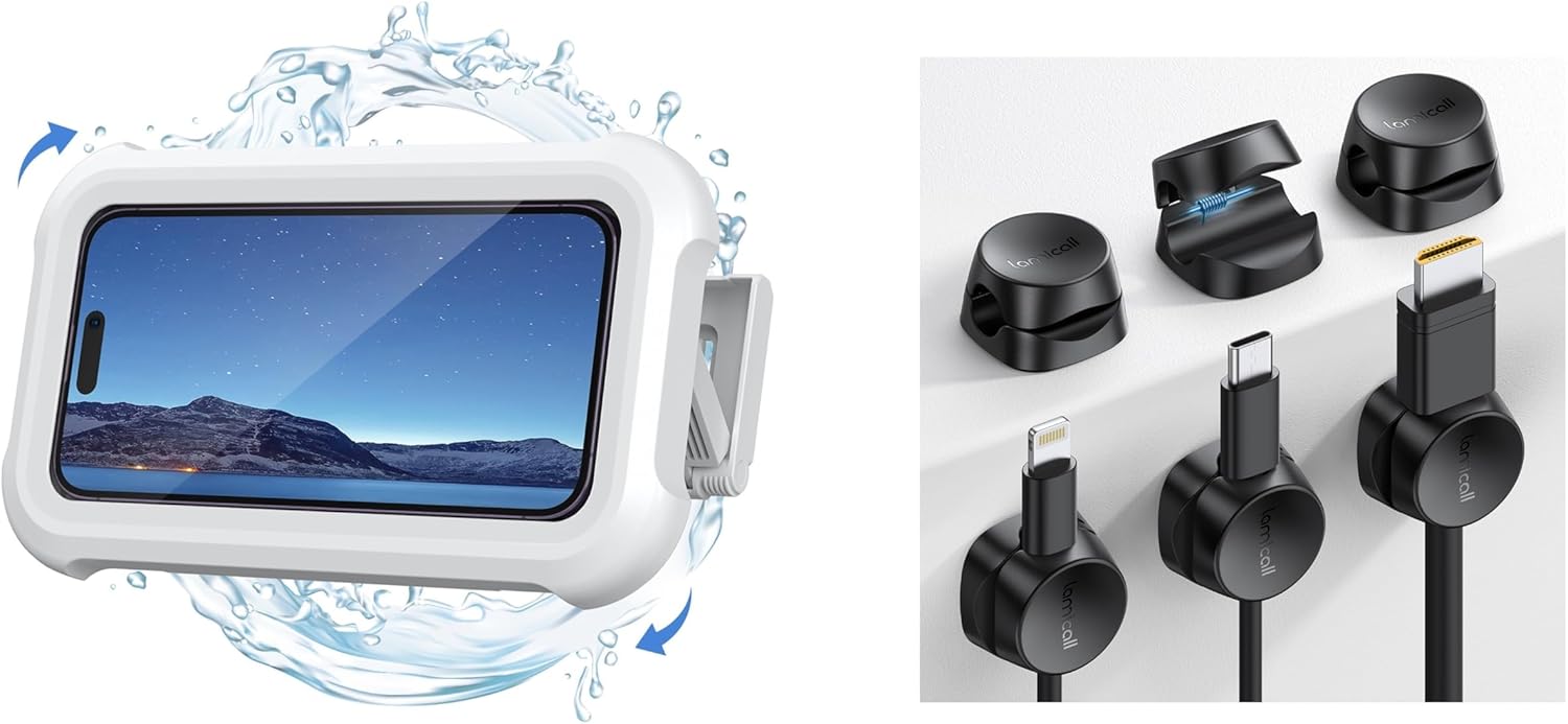 Lamicall Shower Phone Holder & 1s Lock Spring Cord Holder Clips