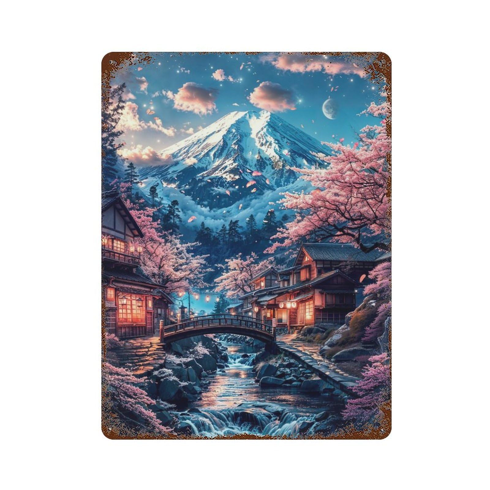 Japanese Mount Fuji View Vintage Metal Tin Sign 15.7"x11.8", for Cafe, Home Bar And Lounge Decor, Vintage Wall Decor