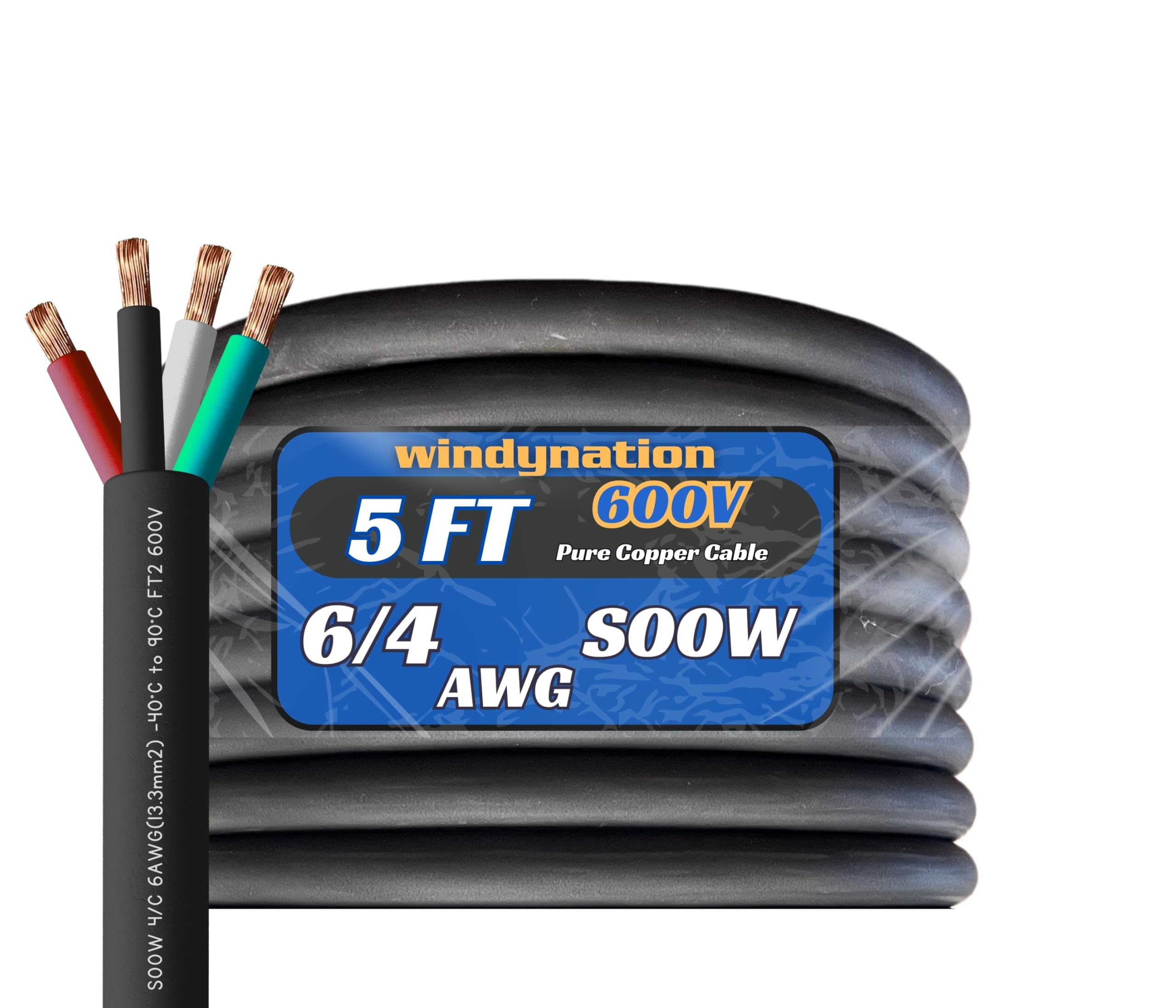 6 Gauge 4 Conductor 6/4 AWG Black SOOW Portable Power Cable Wire