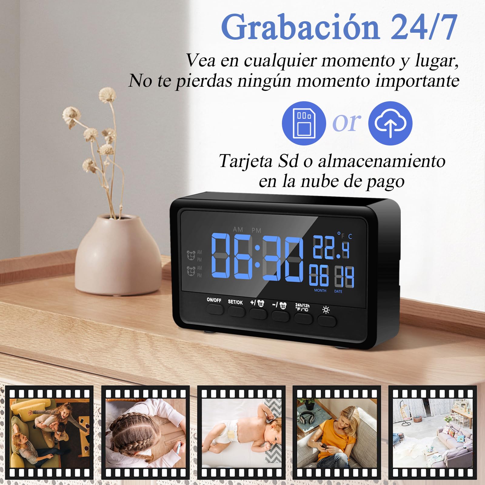 Reloj WiFi Cámara Oculta 1080P WiFi Espía Cámara con Función de Despertador, 2.4/5Ghz Mini Wificámara Espía Compatible con Visión Nocturna y Detección de Movimiento, App Vigilancia Remota