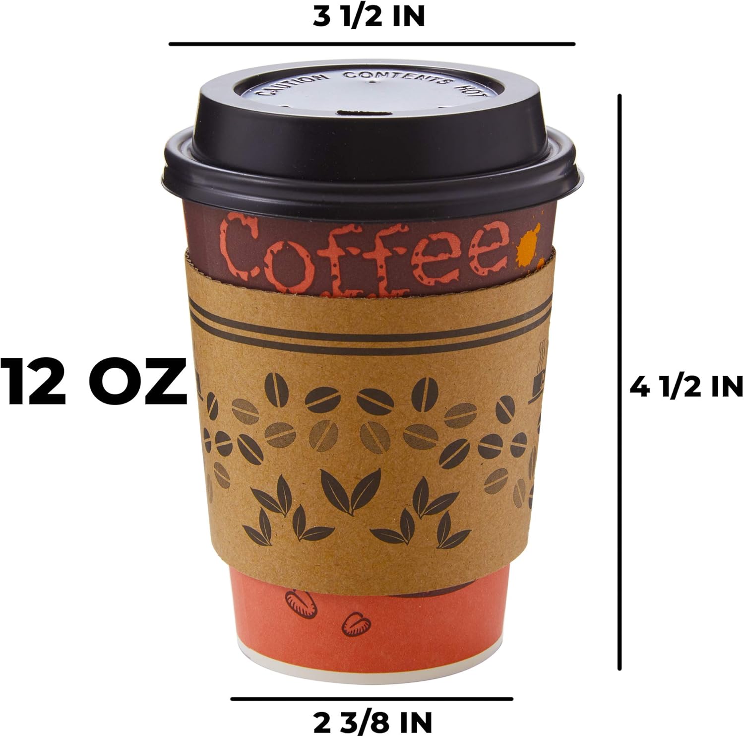 Leak-free Decorative 12Oz Disposable Coffee Cup 50Pk Set With Sleeves Lids and Stirrers. Recyclable and Stylish Brown Paper Cup Bundle for Party, Office, Business or Cafe Hot Beverages and Drinks.