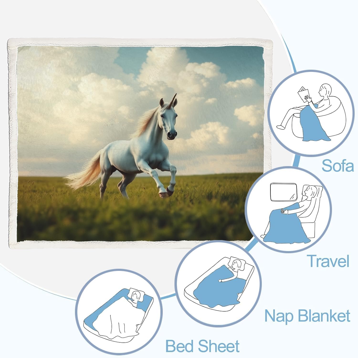 Générique Cheval Blanc Couverture Polaire Epaisse Hiver Adulte 3D Prairie Plaid Canape Chaud Doux en Flanelle Jeté de Canapé pour Couvre lit 2 Personnes pour Fille Garcon 150x200 cm