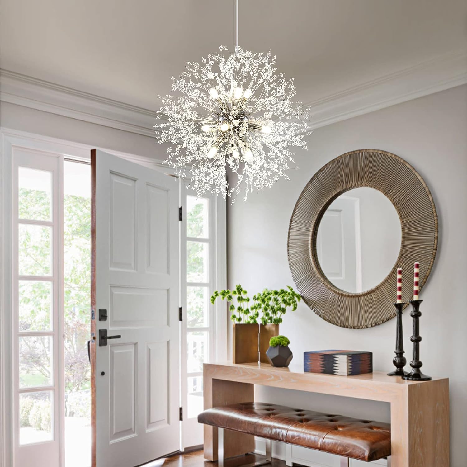 Lingkai 19.9" Chrome Modern Crystal Chandeliers Firework, Bubble Chandelier Lighting for Bathroom Dining Room Bedroom Kitchen Island Living Room Light Fixture, 9-Light Chrome Hanging Round Chandalier