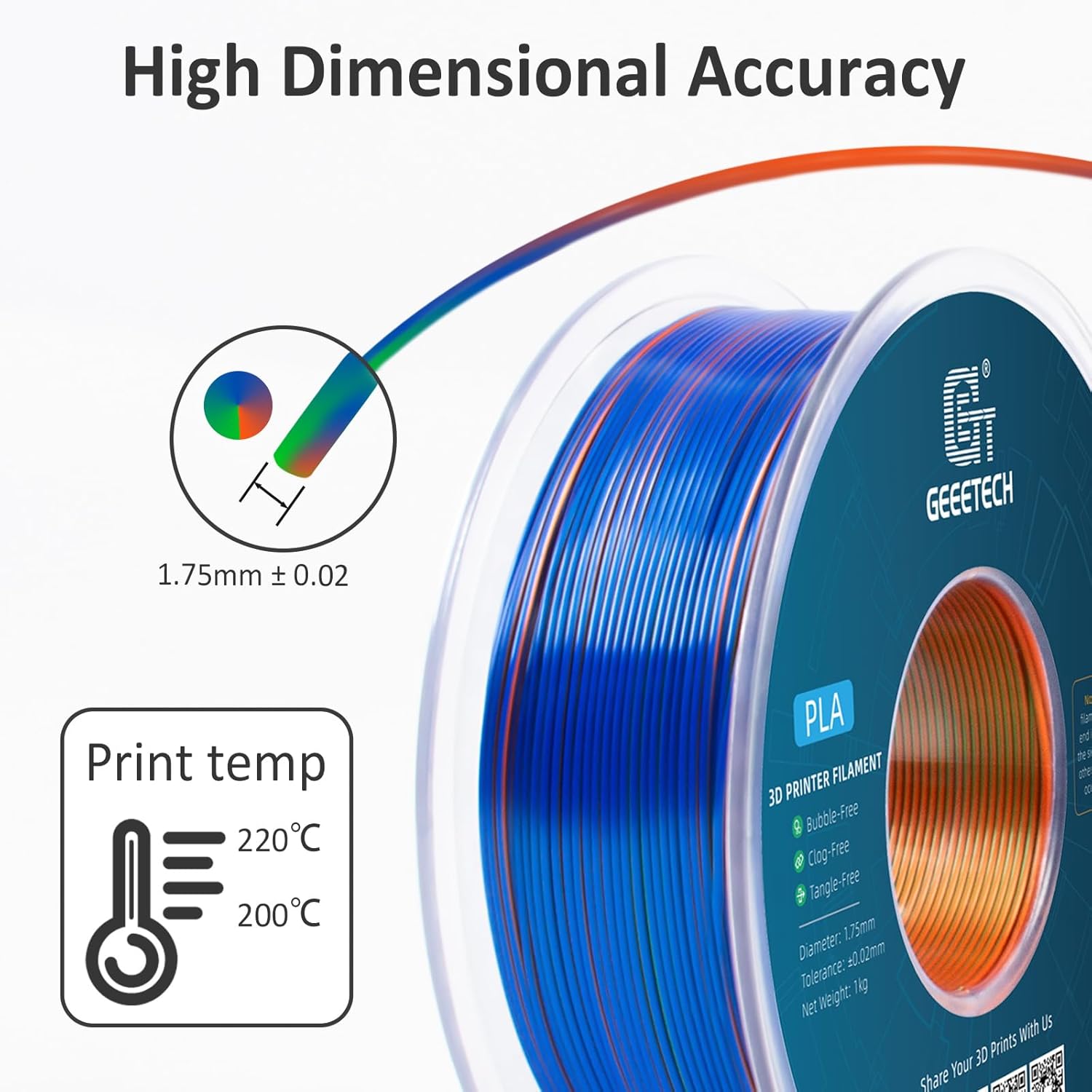Geeetech 3D Printer Silk PLA Tri-Color Filament, Metal-Like Shiny Silk Filament 1.75mm 1kg (2.2lbs) Spool, Dimensional Accuracy +/- 0.02 mm, Tri-Color Orange Blue Green - Image 5