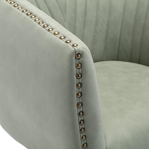 Miniatura 5 de QUINJAY Silla de escritorio de piel sintética verde para oficina en casa, silla de escritorio giratoria con brazo ajustable con cabezas de clavos,