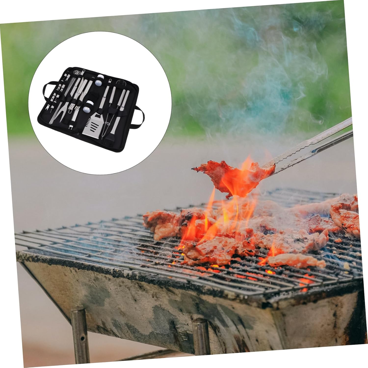 Kisangel 1set Portable Stainless Steel BBQ Tools Kit for Outdoor Cooking Complete Barbecue Utensils Bag for Grilling