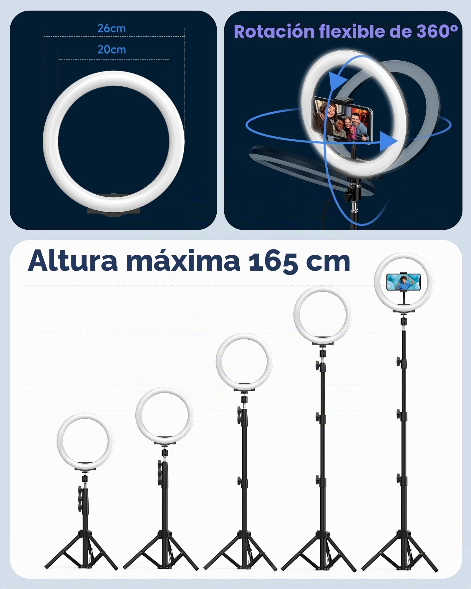 Aro De Luz con Tripode Alto - QIUOIO Anillo De Luz LED 10.2'' para Movil con 35 Modos RGB - Ring Light 3 Efectos de Iluminación y 10 Brillo Ajustable - Se Pueden Usar para Disparos TikTok Twich Live